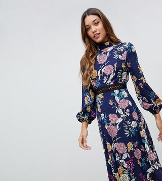 Boohoo + Lace Insert Open Back Midi Dress in Blue Floral