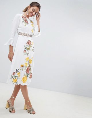 ASOS Design + Premium Embroidered Midi Dress With Lace Inserts and Floral Embroidery