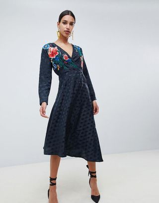 ASOS Design + Jacquard Wrap Midi Dress With Long Sleeves and Embroidery