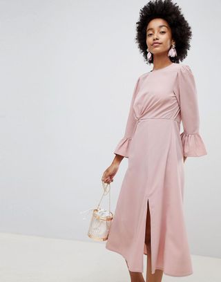 ASOS Design + Fluted Sleeve Midi Dress With Knot Front
