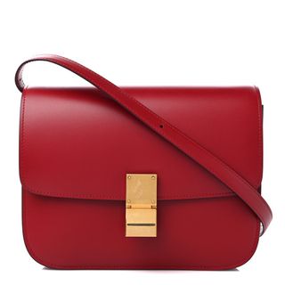 Celine + Calfskin Medium Classic Box Flap Bag Red