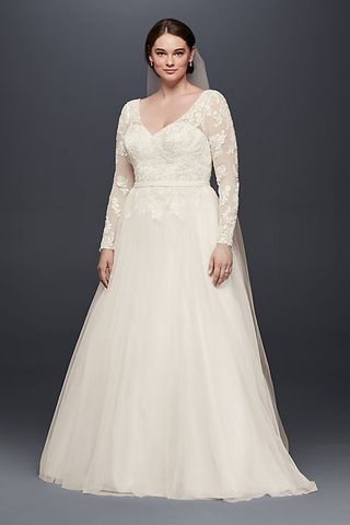 David's Bridal + Long Sleeve Wedding Dress With Low Back