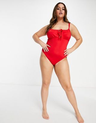 Oséree + Asos Design Curve Ruched Tie Front Swimsuit in Red