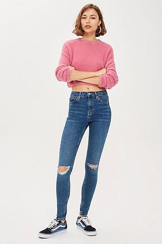 Topshop + Mid Blue Ripped Jamie Jeans