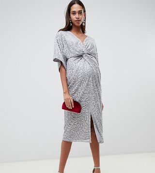 Little Mistress Maternity + All Over Ombre Sequin Knot Front Midi Dress
