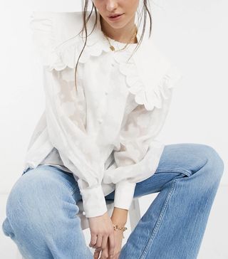 Lost Ink + Textured Blouse With Balloon Sleeves and Oversized Frill Edge Collar