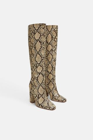 Zara + Heeled Printed Snakeskin Boots