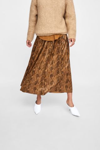 Zara + Snake Print Pleated Midi Skirt