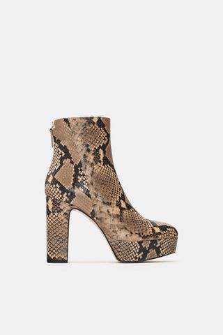 Zara + High Heel Animal Print Platform Leather Ankle Boots