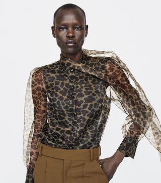Zara + Animal Print Blouse With Tie