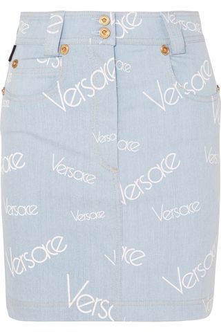 Versace + Printed Denim Mini Skirt