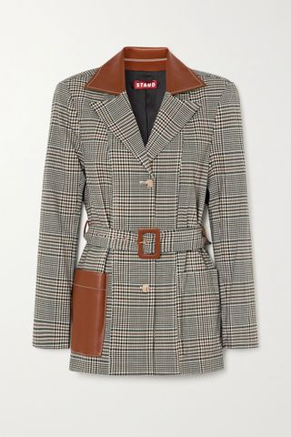 Staud + Paprika Belted Faux Leather-Trimmed Prince of Wales Checked Woven Blazer