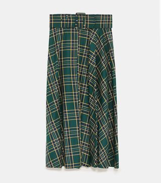 Zara + Belted Plaid Skirt