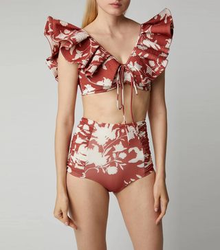 Johanna Ortiz + Ruffled Floral-Print Bikini Top