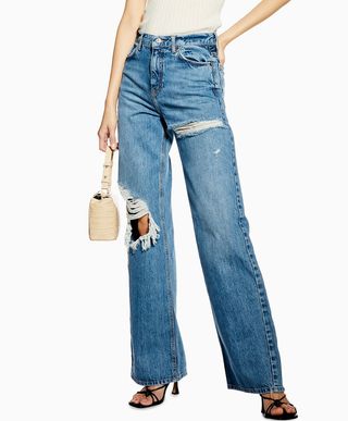 Topshop + Mid Blue Ripped Slim Wide Jeans