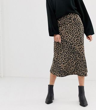 ASOS Design + Bias Cut Satin Midi Skirt in Leopard Print