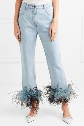 Prada + Feather-Trimmed Boyfriend Jeans