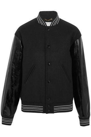 Saint Laurent + Glossed Leather-Paneled Wool-Blend Felt Bomber Jacket