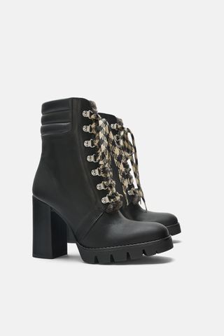 Zara + Leather Hiking-Style Heeled Ankle Boots