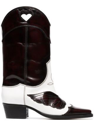 Ganni + White and Dark Brown Marlyn 45 Leather Cowboy Boots