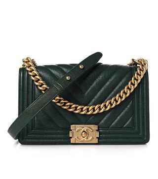 Fashionphile + Chanel Caviar Chevron Quilted Medium Boy Flap Dark Green