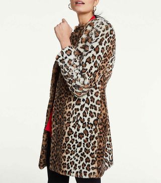 Ann Taylor + Leopard Print Faux Fur Jewel Neck Coat