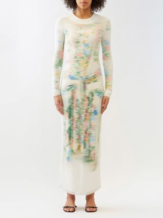 Loewe + Blurred-Print Mesh Maxi Dress