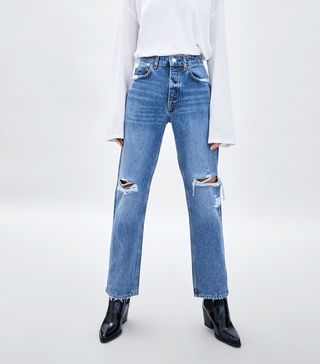 Zara + Straight Leg Mid-Rise Damaged Jeans