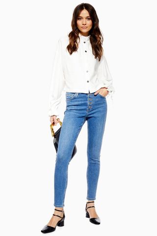 Topshop + Mid Blue Button Fly Jamie Jeans