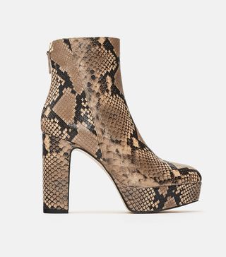 Zara + High-Heeled Animal Print Leather Ankle Boots