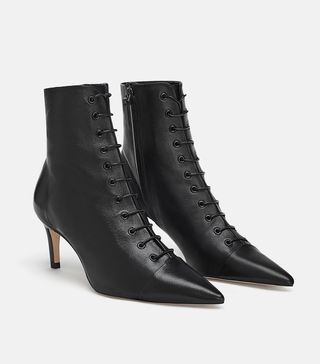 Zara + Laced Leather Heeled Ankle Boots