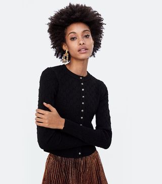 Zara + Textured Weave Cardigan With Jewel Buttons