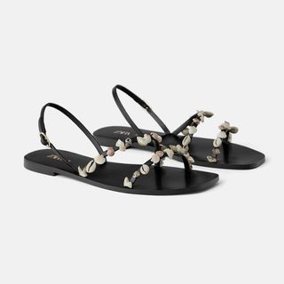 Zara + Flat Leather Sandals with Shells