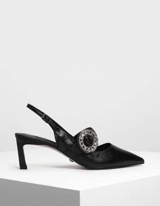 Charles & Keith + Crushed Gem Effect Buckle Leather Slingbacks