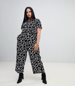 ASOS Curve + Jumpsuit with Short Sleeve in Mono Animal Print