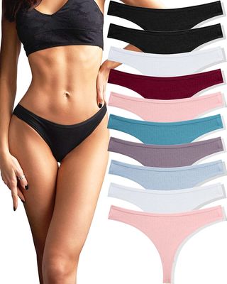 FINETOO + 10 pack Cotton Thongs for Women Breathable Low Rise Bikini Lady Panties Womens Underwea