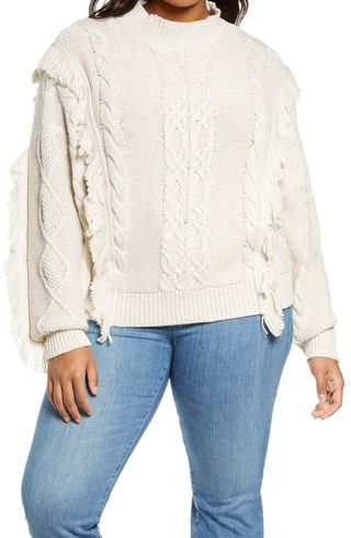 Leith + Cable Knit Fringe Sweater