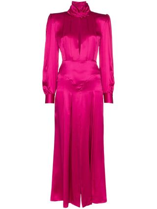Alessandra Rich + Pleated Silk-Satin Midi Dress