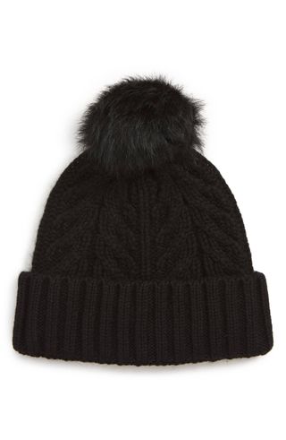 Ugg Collection + Pompom Cable Genuine Shearling Beanie in Black