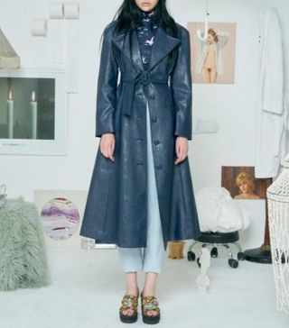 The Centaur + Faux Leather Flare Coat in Navy