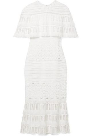 Lela Rose + Fringed Crocheted Lace Midi Dress