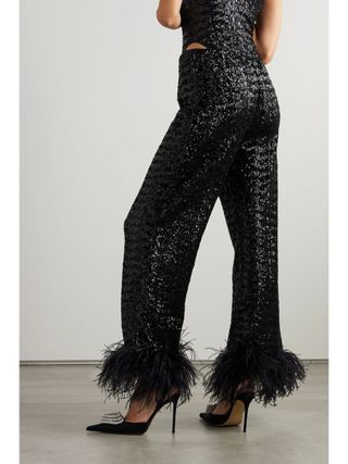 Oserée + Feather-Trimmed Sequined Satin Straight-Leg Pants