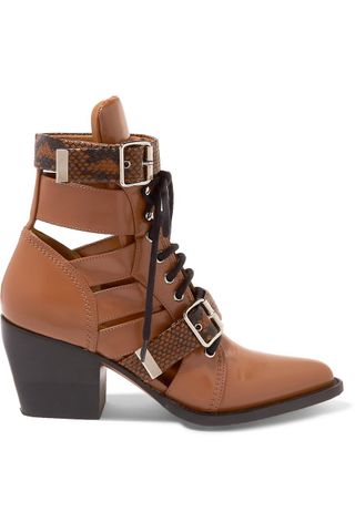 Chloé + Rylee Cutout Snake Effect-Trimmed Leather Ankle Boots