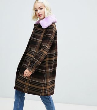 Monki + Check Coat With Faux Fur Collar