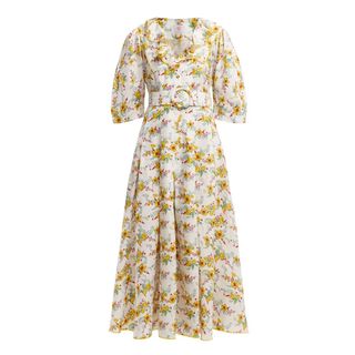 Gül Hürgel + Floral-Print Ruffle Linen Midi Dress