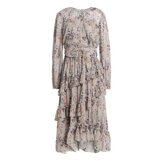 Mikael Aghal + Lace-Up Ruffled Metallic Floral-Print Georgette Dress