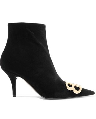 Balenciaga + Knife Logo-Embellished Velvet Ankle Boots