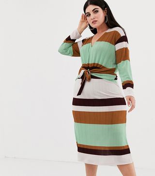 ASOS Design + Curve '70s Stripe Rib Midi Dress With Knot Front