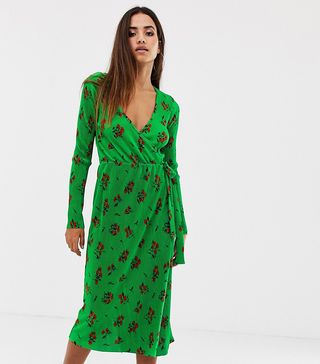 ASOS Design + Midi Plisse Wrap Dress in Green Based Floral