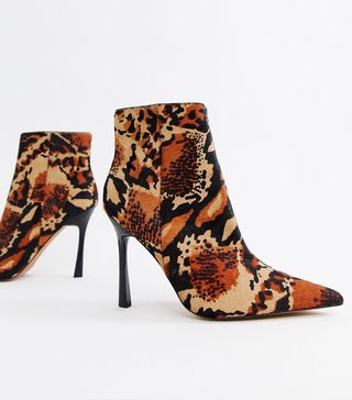 ASOS Design + Evon Leather Heeled Boots in Leopard Print